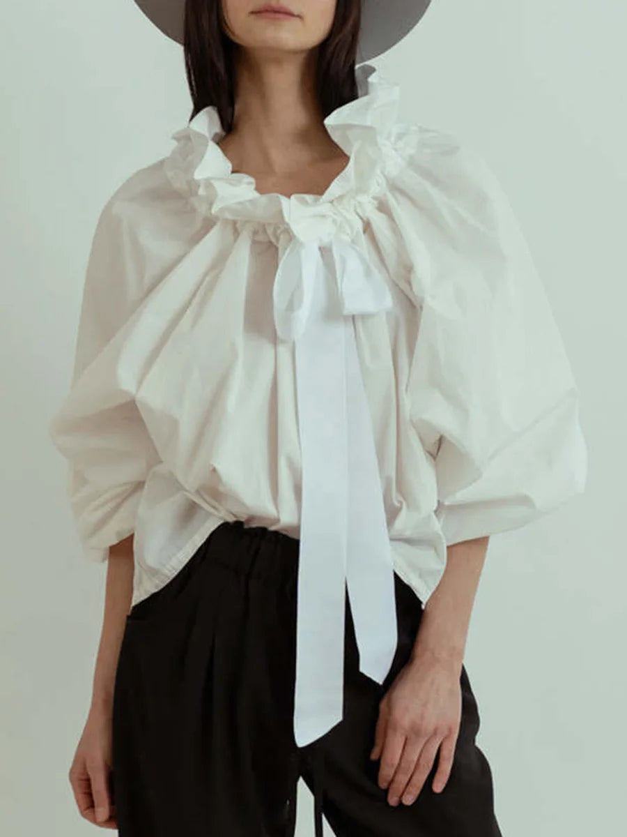 Women's Puff Sleeve Blouse - Cotton Collared Shirt