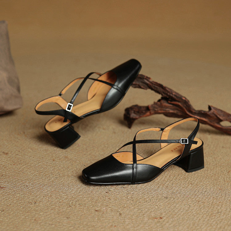 Women's Leather Heels - Closed Toe Strappy Pumps