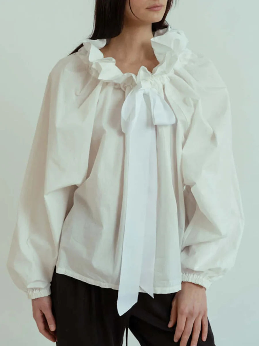 Women's Puff Sleeve Blouse - Cotton Collared Shirt