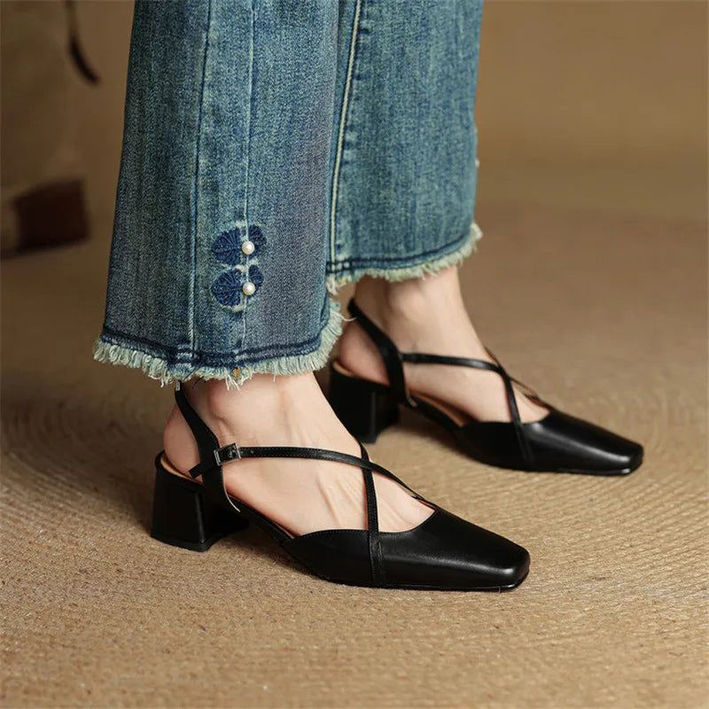 Women's Leather Heels - Closed Toe Strappy Pumps