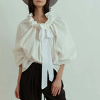 Women's Puff Sleeve Blouse - Cotton Collared Shirt