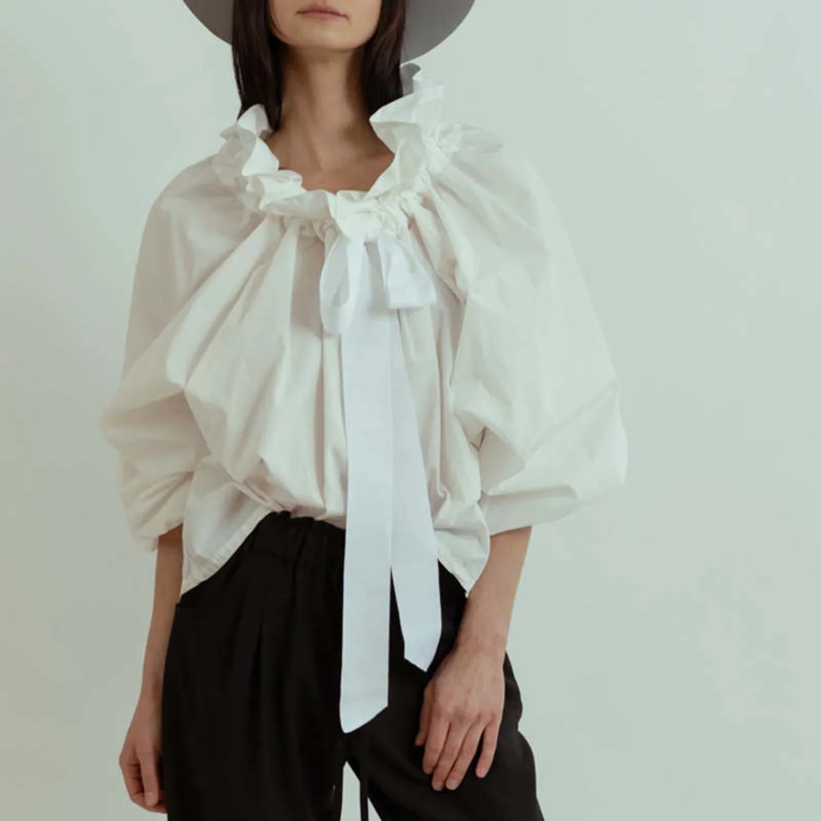 Women's Puff Sleeve Blouse - Cotton Collared Shirt