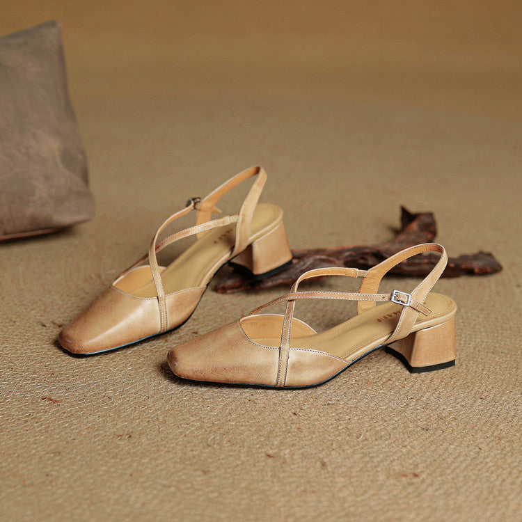Women's Leather Heels - Closed Toe Strappy Pumps