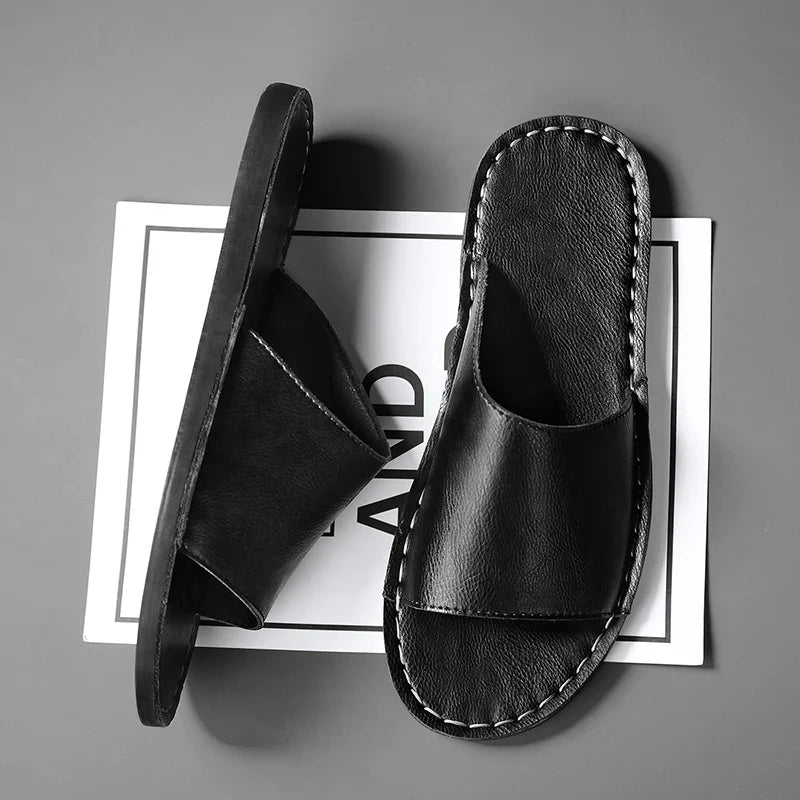 Women's Leather Slide Sandals - Flat Summer Mules
