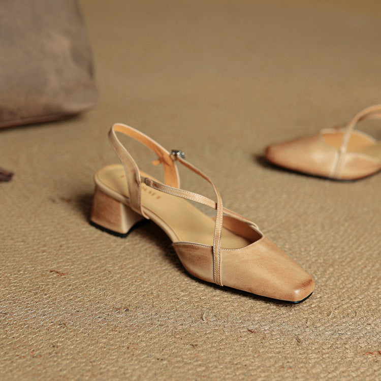 Women's Leather Heels - Closed Toe Strappy Pumps