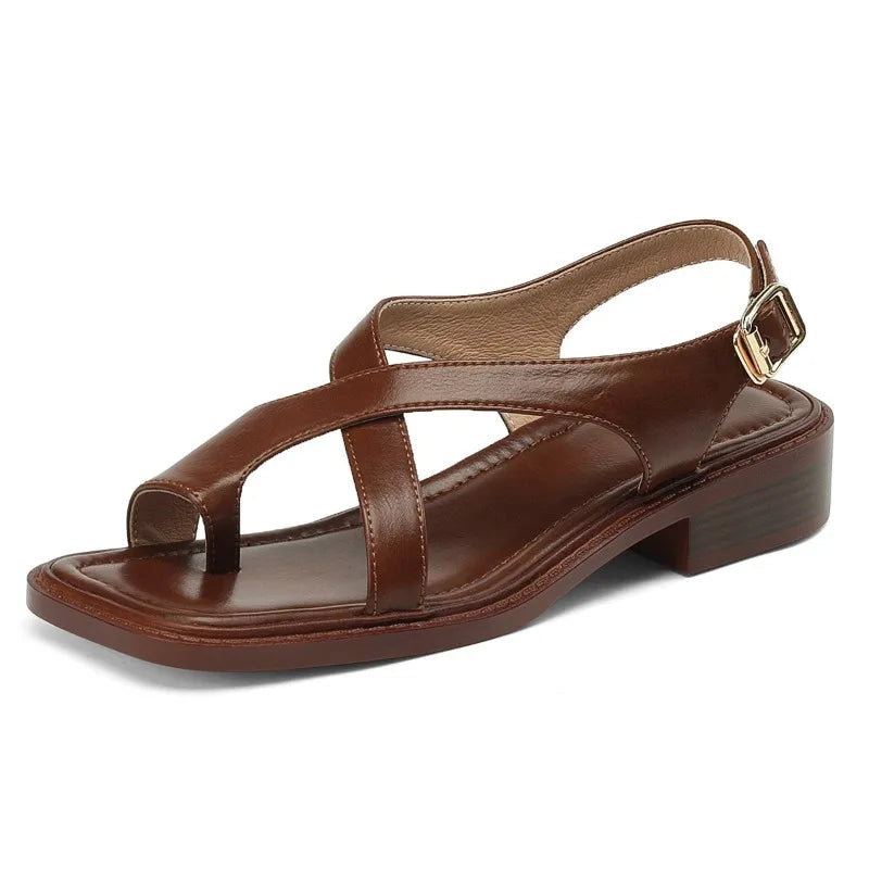 Women's Strappy Sandals - Buckled Leather Flat Slides