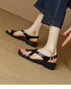Women's Strappy Sandals - Buckled Leather Flat Slides