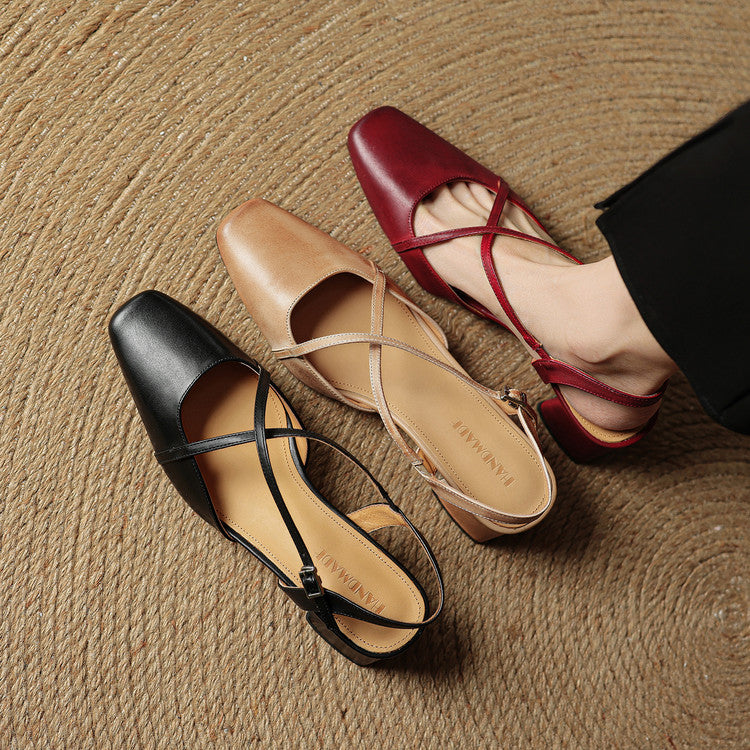 Women's Leather Heels - Closed Toe Strappy Pumps