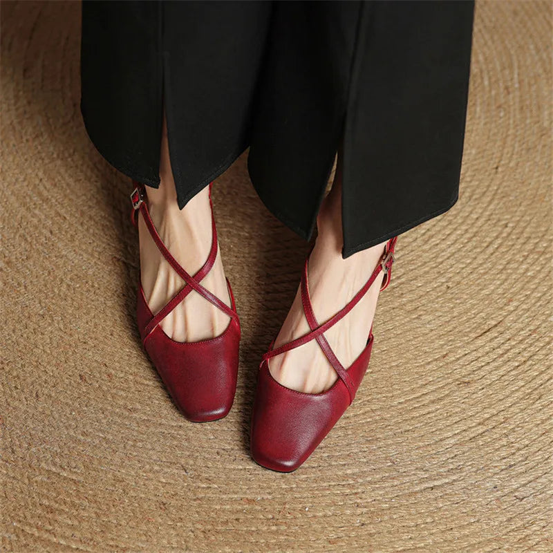 Women's Leather Heels - Closed Toe Strappy Pumps