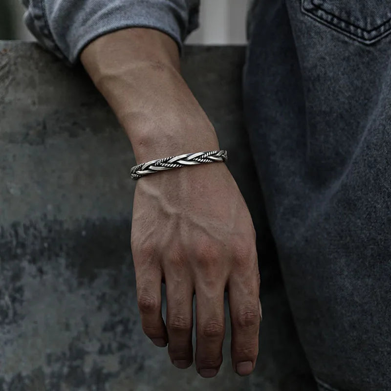 Men's Silver Cuff Bracelet - 925 Sterling Braided