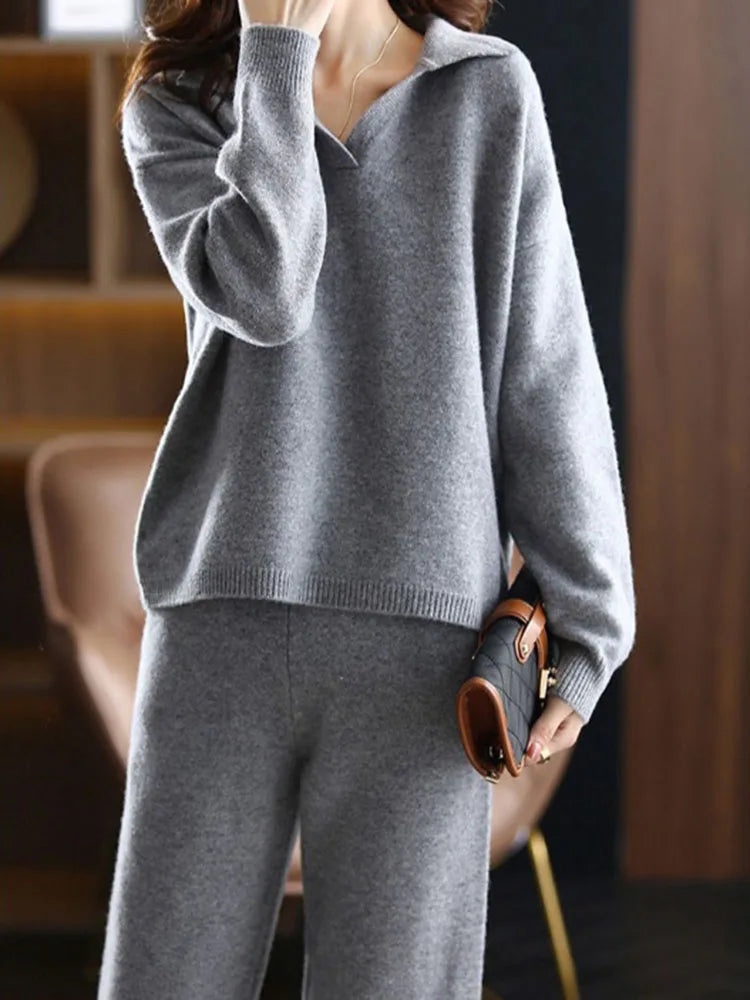 Women's Knit Set - Polo Top and Pants Matching Outfit