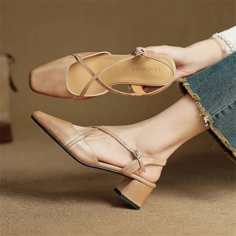 Women's Leather Heels - Closed Toe Strappy Pumps