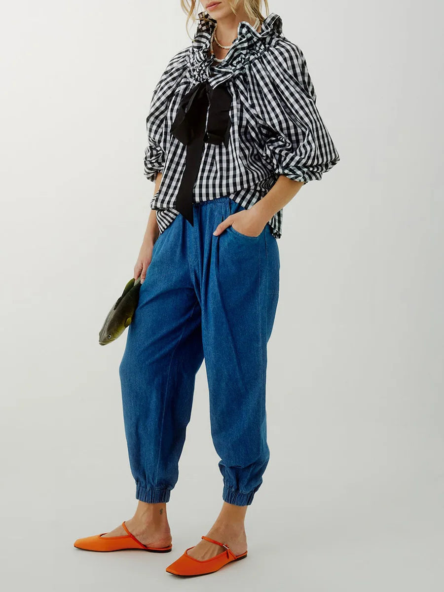 Women's Puff Sleeve Blouse - Cotton Collared Shirt