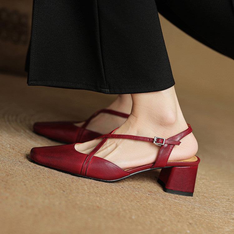 Women's Leather Heels - Closed Toe Strappy Pumps