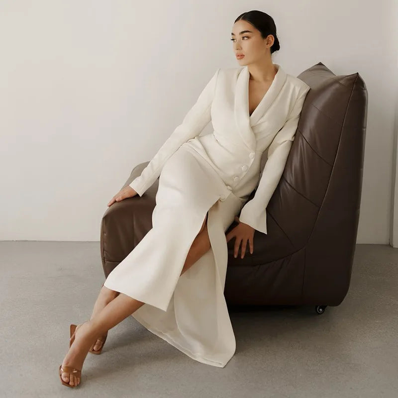 Women's White Evening Dress - Long Sleeve Formal Gown