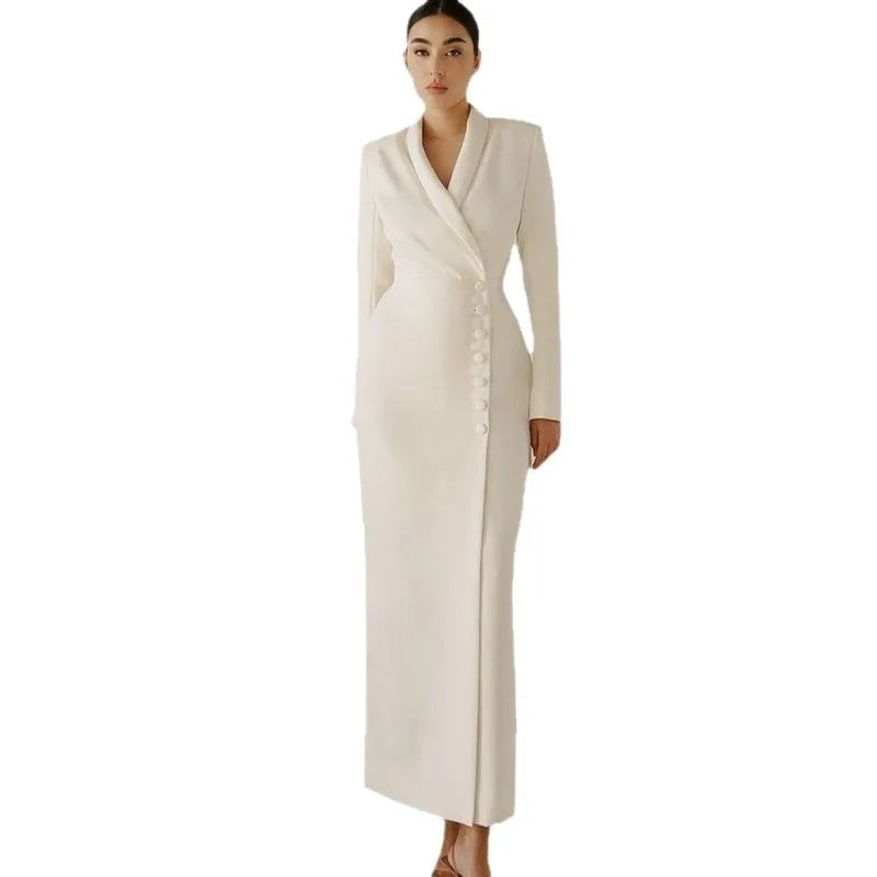 Women's White Evening Dress - Long Sleeve Formal Gown