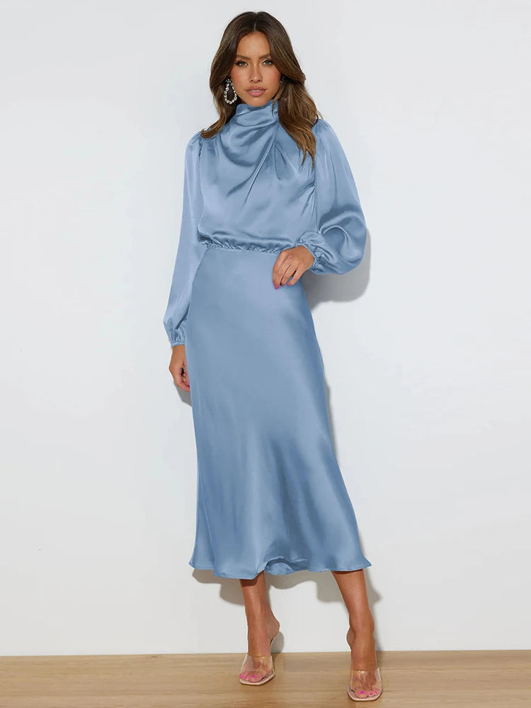 Women's Satin Evening Dress Elegant Long Sleeve Formal Wear