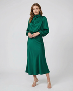 Women's Satin Evening Dress Elegant Long Sleeve Formal Wear