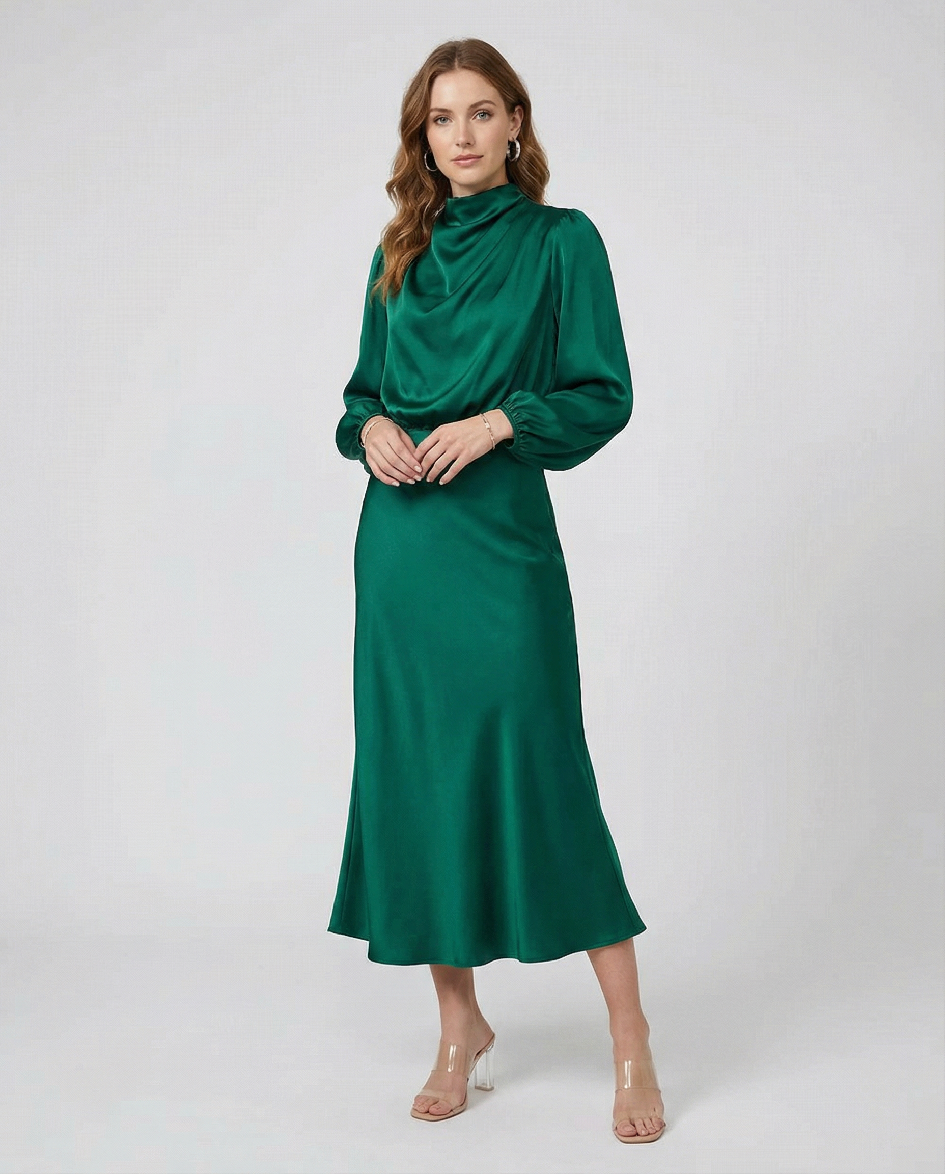 Women's Satin Evening Dress Elegant Long Sleeve Formal Wear