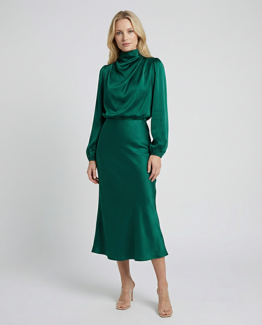 Women's Satin Evening Dress Elegant Long Sleeve Formal Wear