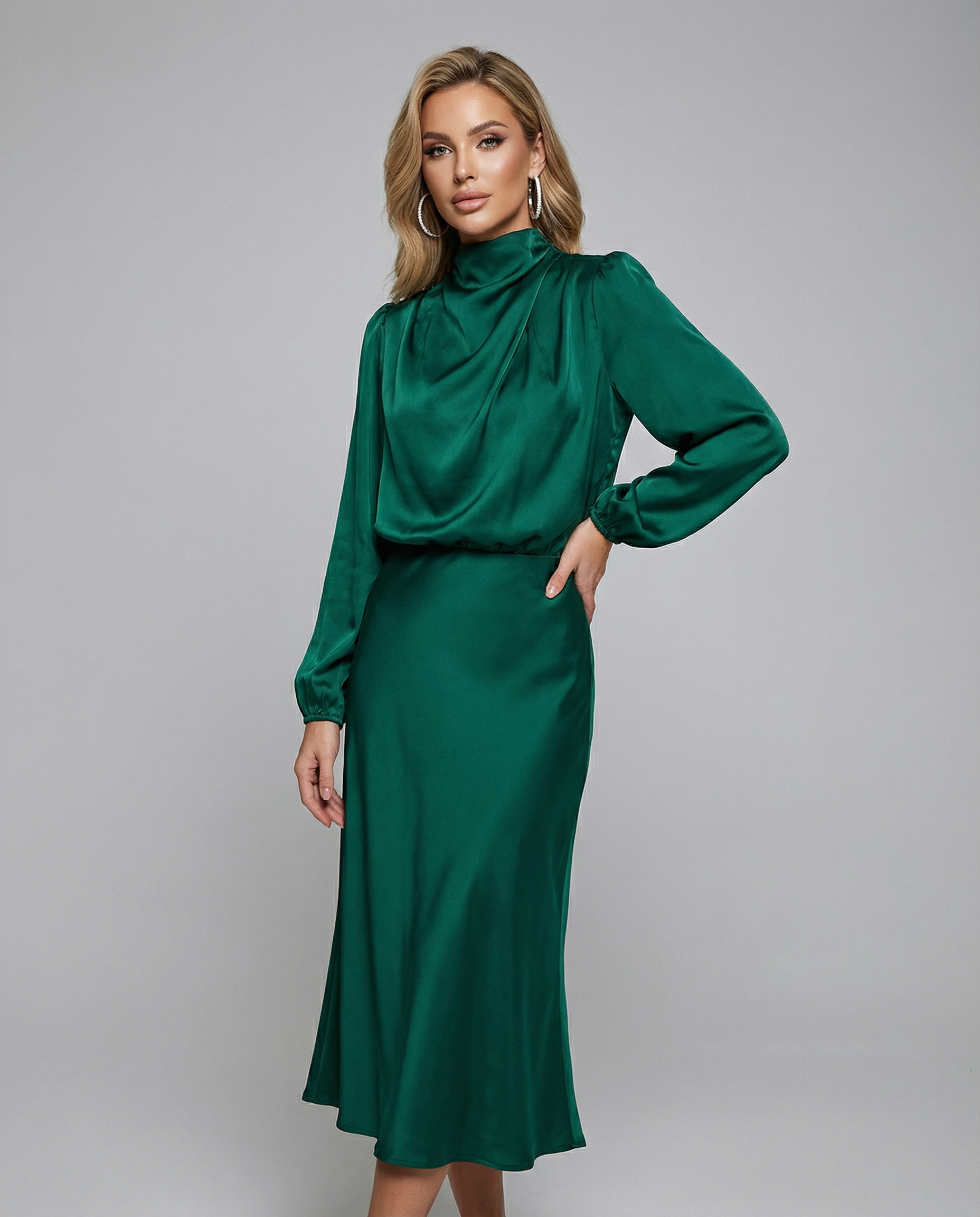 Women's Satin Evening Dress Elegant Long Sleeve Formal Wear