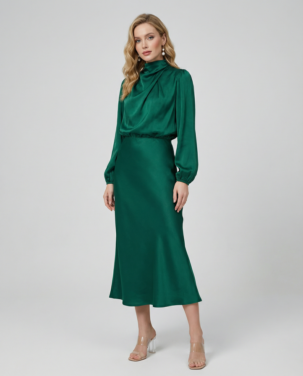 Women's Satin Evening Dress Elegant Long Sleeve Formal Wear