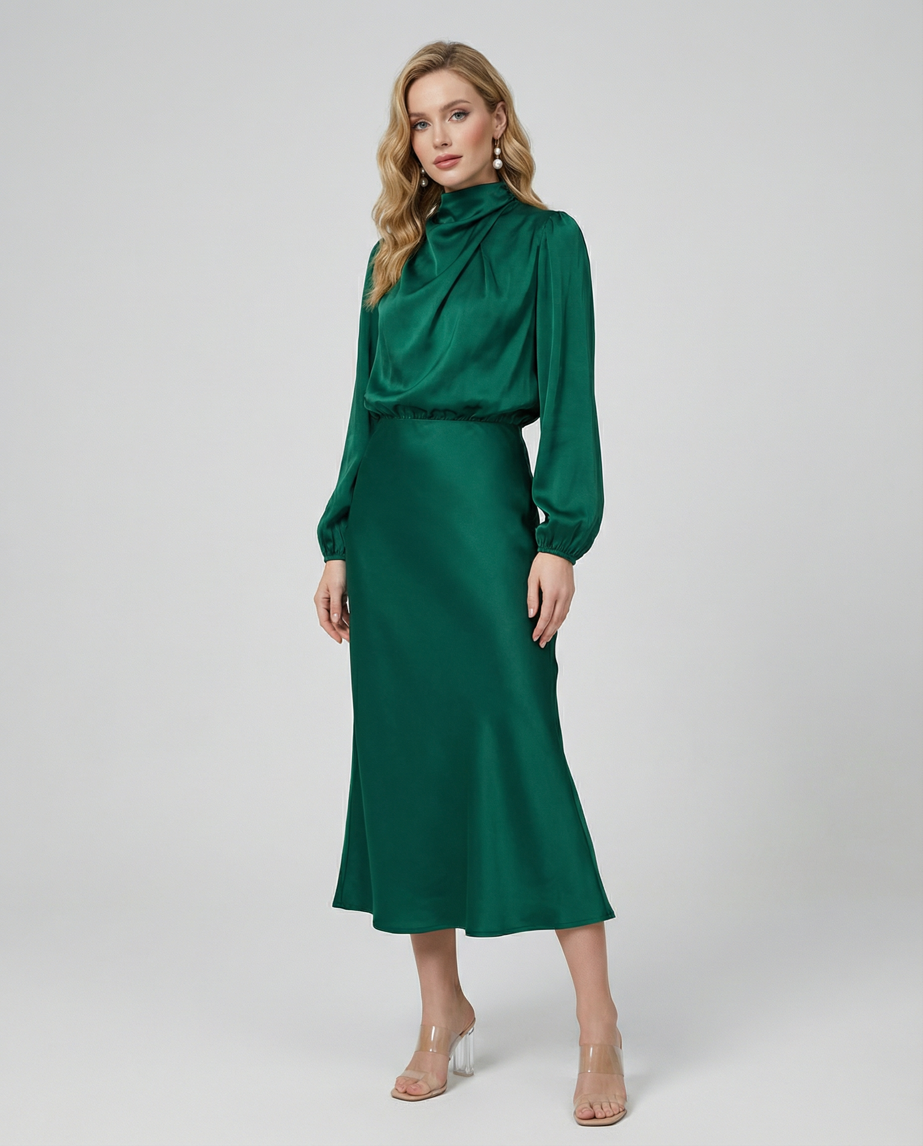 Women's Satin Evening Dress Elegant Long Sleeve Formal Wear