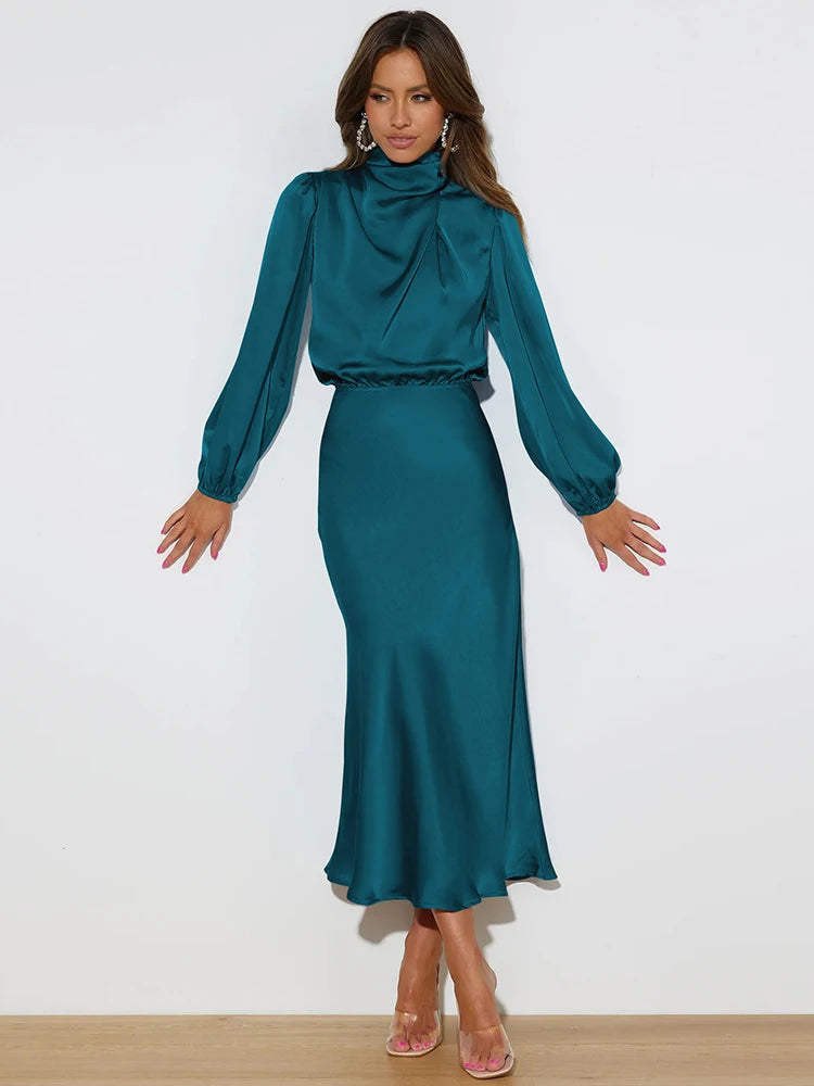 Women's Satin Evening Dress Elegant Long Sleeve Formal Wear