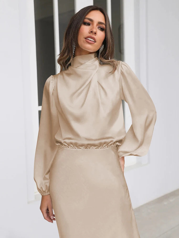 Women's Satin Evening Dress Elegant Long Sleeve Formal Wear
