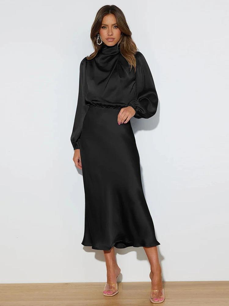 Women's Satin Evening Dress Elegant Long Sleeve Formal Wear