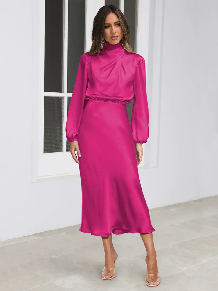 Women's Satin Evening Dress Elegant Long Sleeve Formal Wear