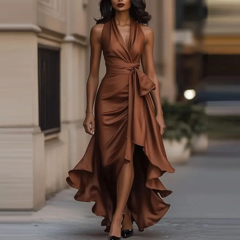 Women's Satin Evening Dress - Halter Neck Wrap Formal Elegance