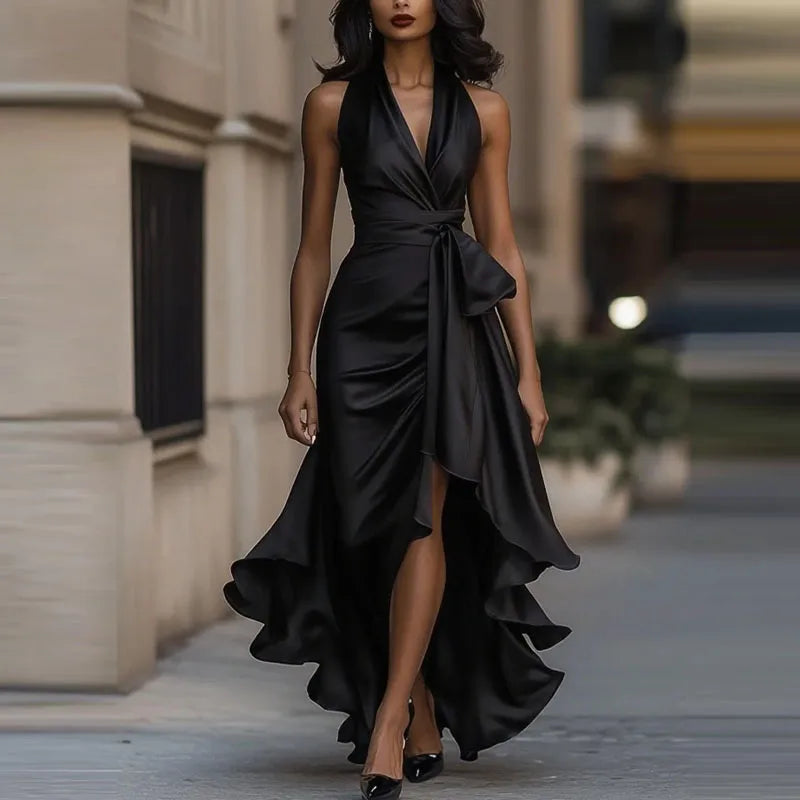 Women's Satin Evening Dress - Halter Neck Wrap Formal Elegance
