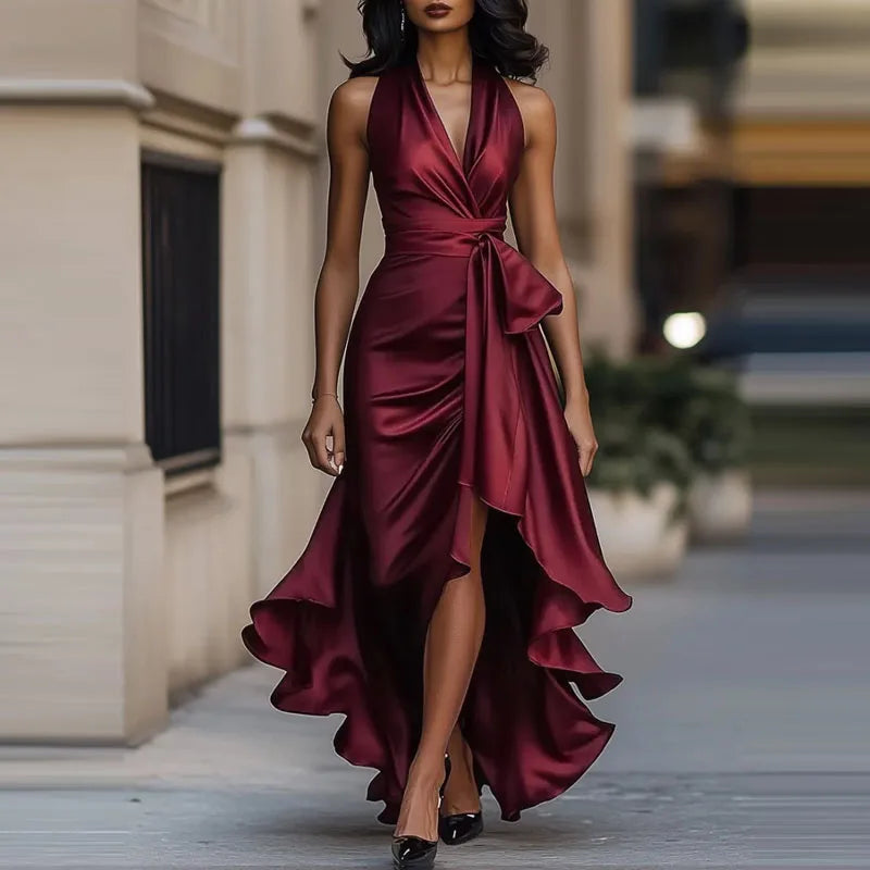 Women's Satin Evening Dress - Halter Neck Wrap Formal Elegance