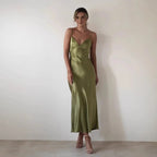 Women's V-Neck Evening Dress Elegant Satin Midi for Formal Weddings and Special Occasions