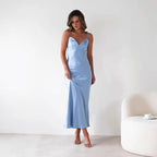 Women's V-Neck Evening Dress Elegant Satin Midi for Formal Weddings and Special Occasions