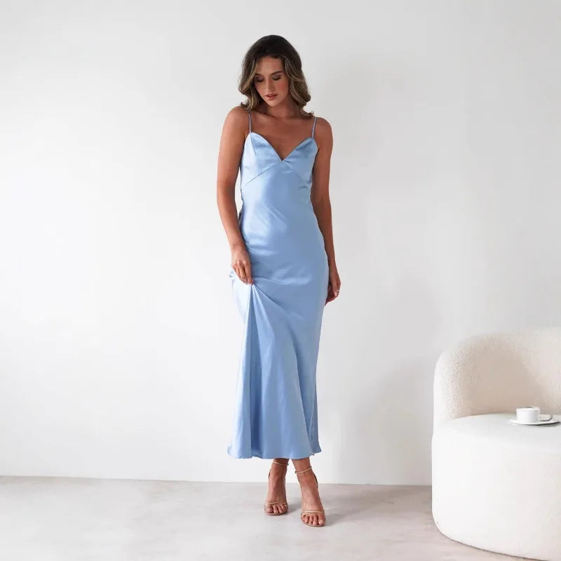 Women's V-Neck Evening Dress Elegant Satin Midi for Formal Weddings and Special Occasions
