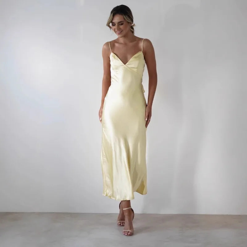 Women's V-Neck Evening Dress Elegant Satin Midi for Formal Weddings and Special Occasions