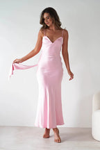 Women's V-Neck Evening Dress Elegant Satin Midi for Formal Weddings and Special Occasions