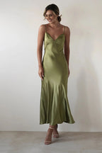 Women's V-Neck Evening Dress Elegant Satin Midi for Formal Weddings and Special Occasions