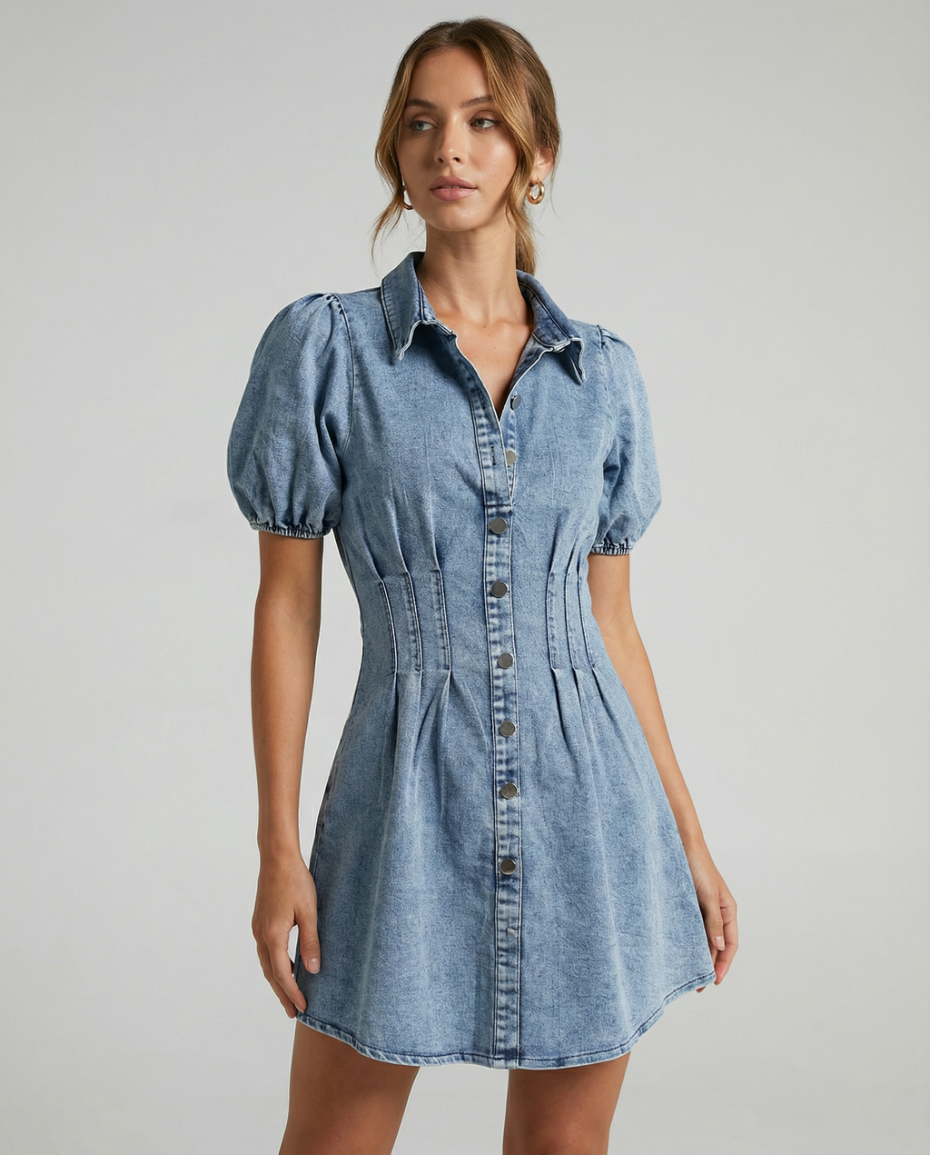 Women's Summer Denim Dress Puff Sleeve A-Line Elegance