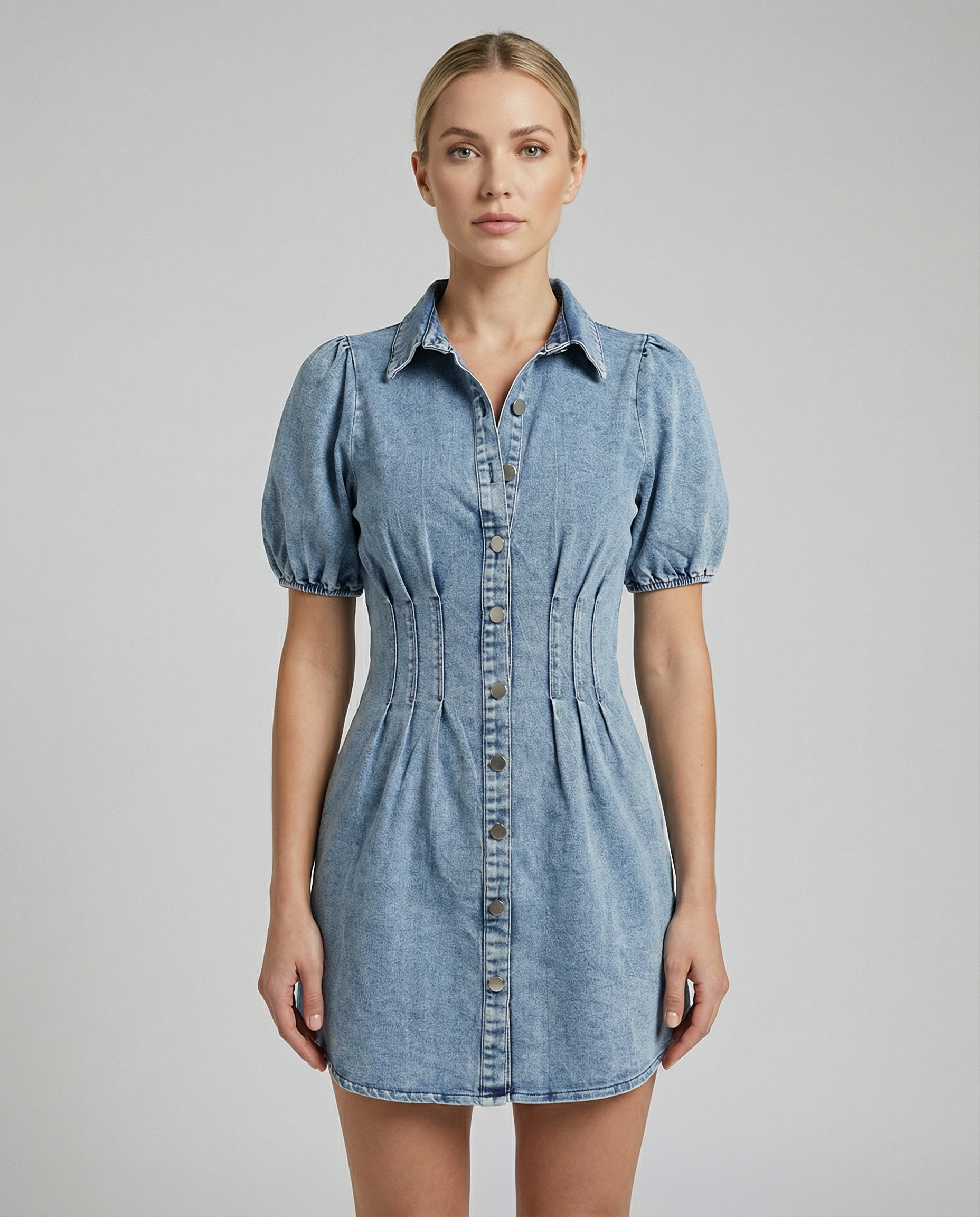 Women's Summer Denim Dress Puff Sleeve A-Line Elegance