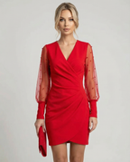 Women's Red V-Neck Mini Dress - Sheer Sleeve Wrap Style