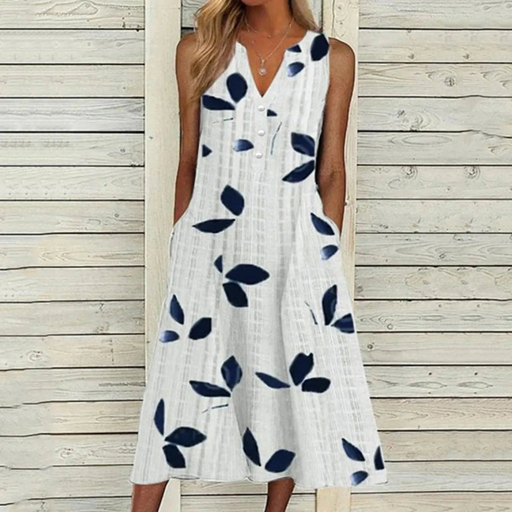 Women's Leaf Print Maxi Dress Stylish V-Neck Sleeveless Summer Look
