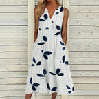 Women's Leaf Print Maxi Dress Stylish V-Neck Sleeveless Summer Look