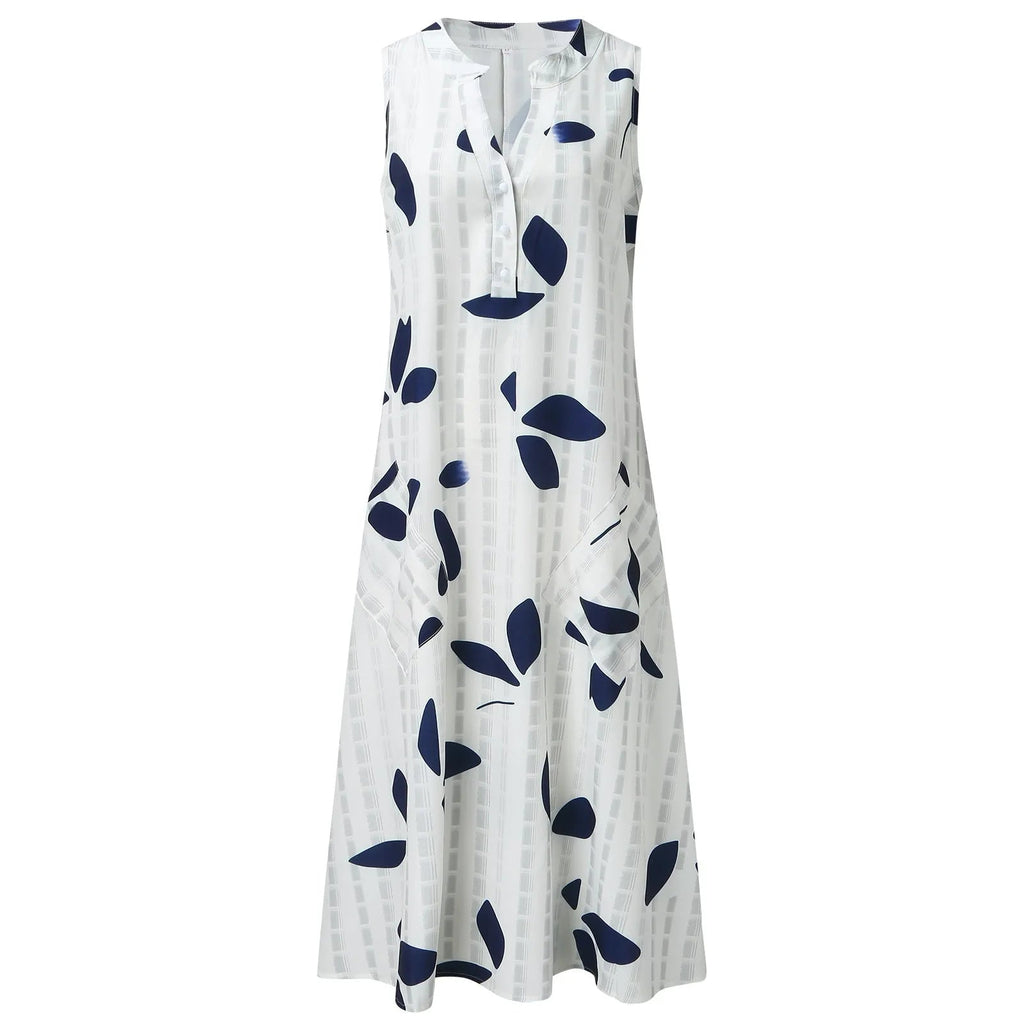 Women's Leaf Print Maxi Dress Stylish V-Neck Sleeveless Summer Look