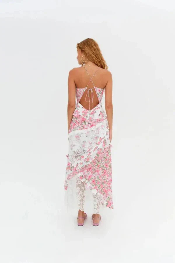 Women's Floral Maxi Dress | Plunge Neck Ruffle Summer Wear
