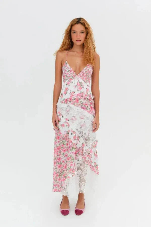 Women's Floral Maxi Dress | Plunge Neck Ruffle Summer Wear