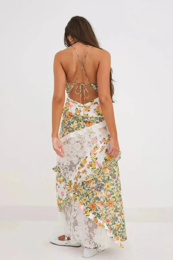 Women's Floral Maxi Dress | Plunge Neck Ruffle Summer Wear
