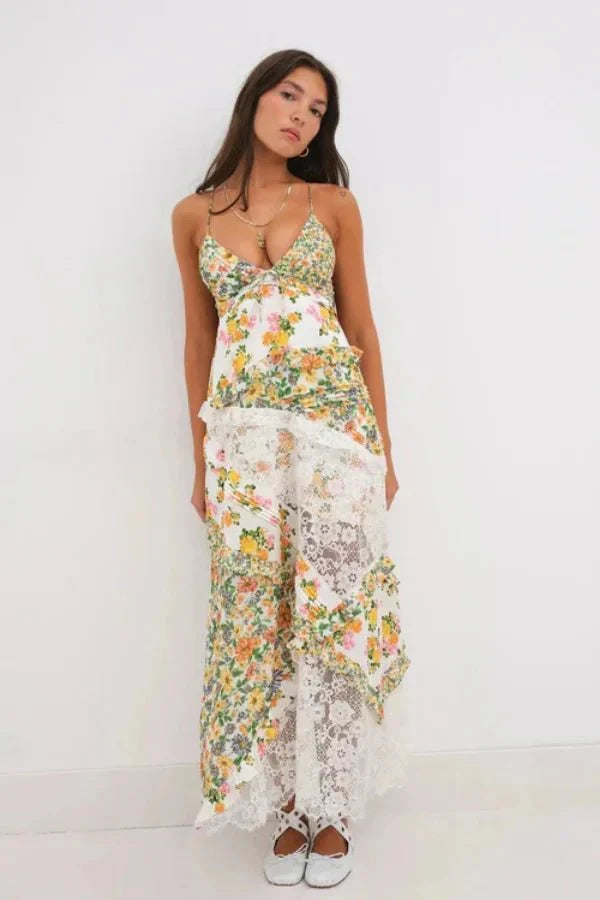 Women's Floral Maxi Dress | Plunge Neck Ruffle Summer Wear